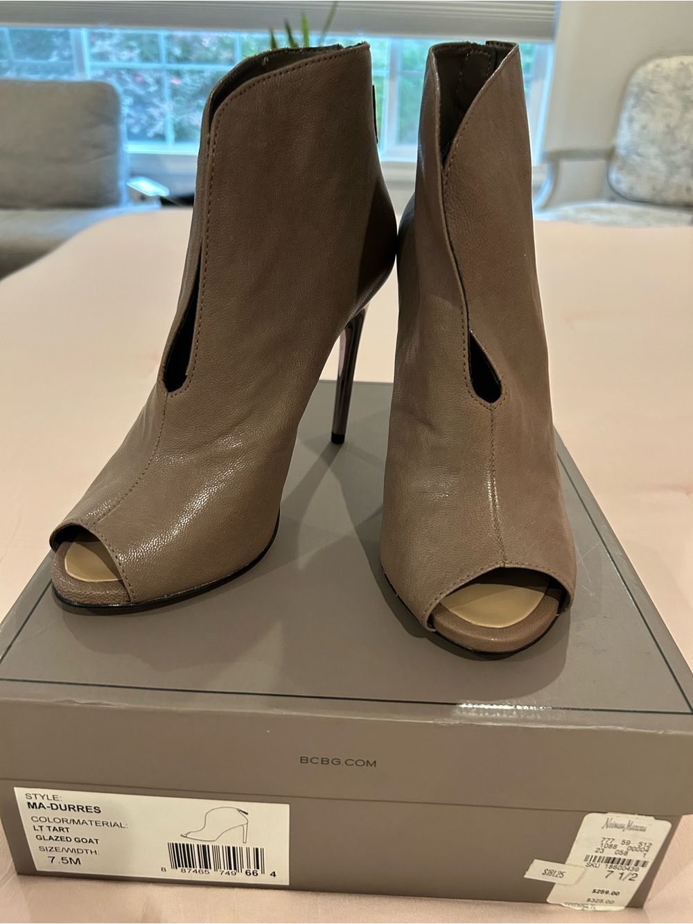 BCBGMaxAzria Taupe Open-Toe Stiletto Ankle Boots